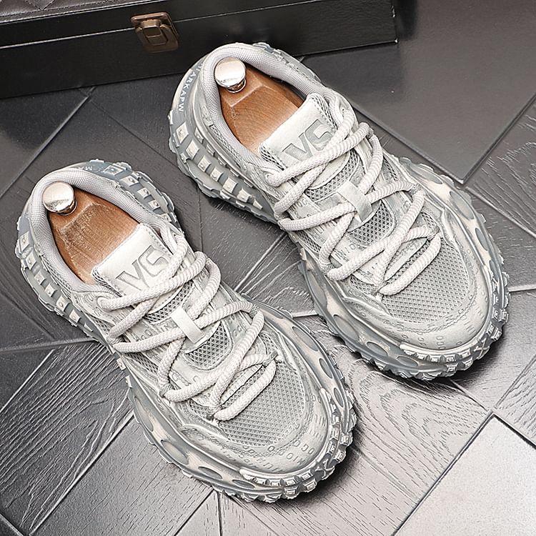 Platform Lettering Debossed Mesh Panel Lace-Up Sneakers Product Image