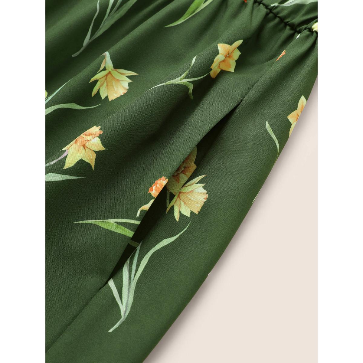 Plus Size Floral Print Gathered Elastic Waist Midi Dress Moss Women Elegant Non Round Neck Short sleeve Curvy Midi Dress BloomChic 10/M Product Image