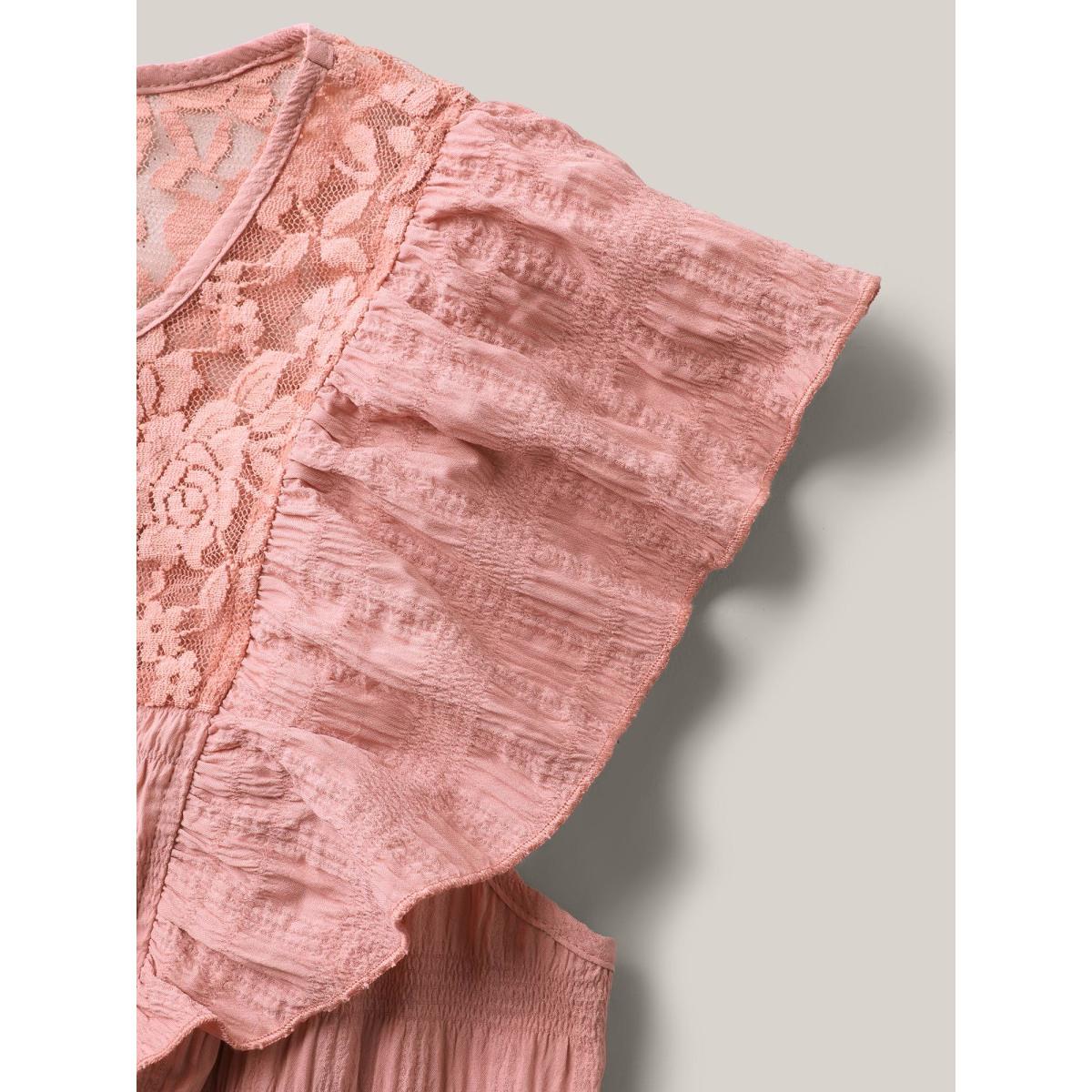 Plus Size Mesh Lace Neck Tiered Maxi Dress Salmon Women Round Neck Sleeveless Curvy BloomChic 26/4X Product Image