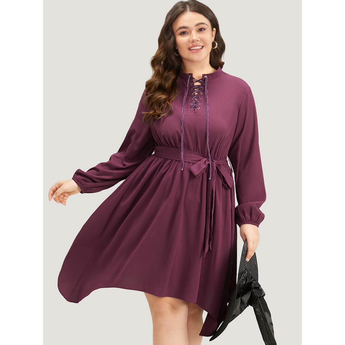 Plus Size Halloween Plain Lantern Sleeve Belted Lace Up Asymmetrical Hem Dress Purple Women Office Elastic cuffs Tie Neck Long Sleeve Curvy Knee Dress BloomChic 30/6X Product Image