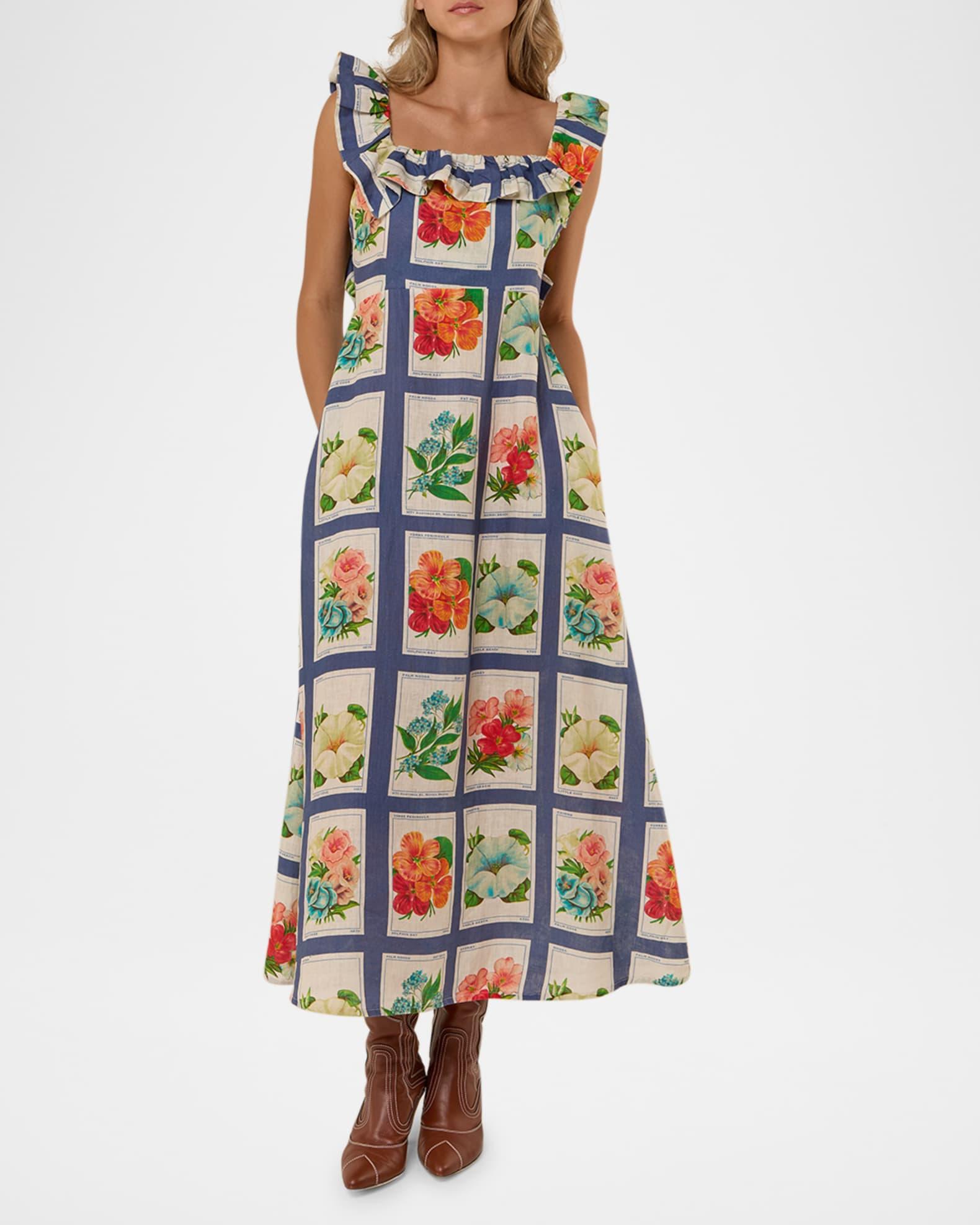 Ruffle-Trim Vintage Botanical Linen Maxi Dress Product Image