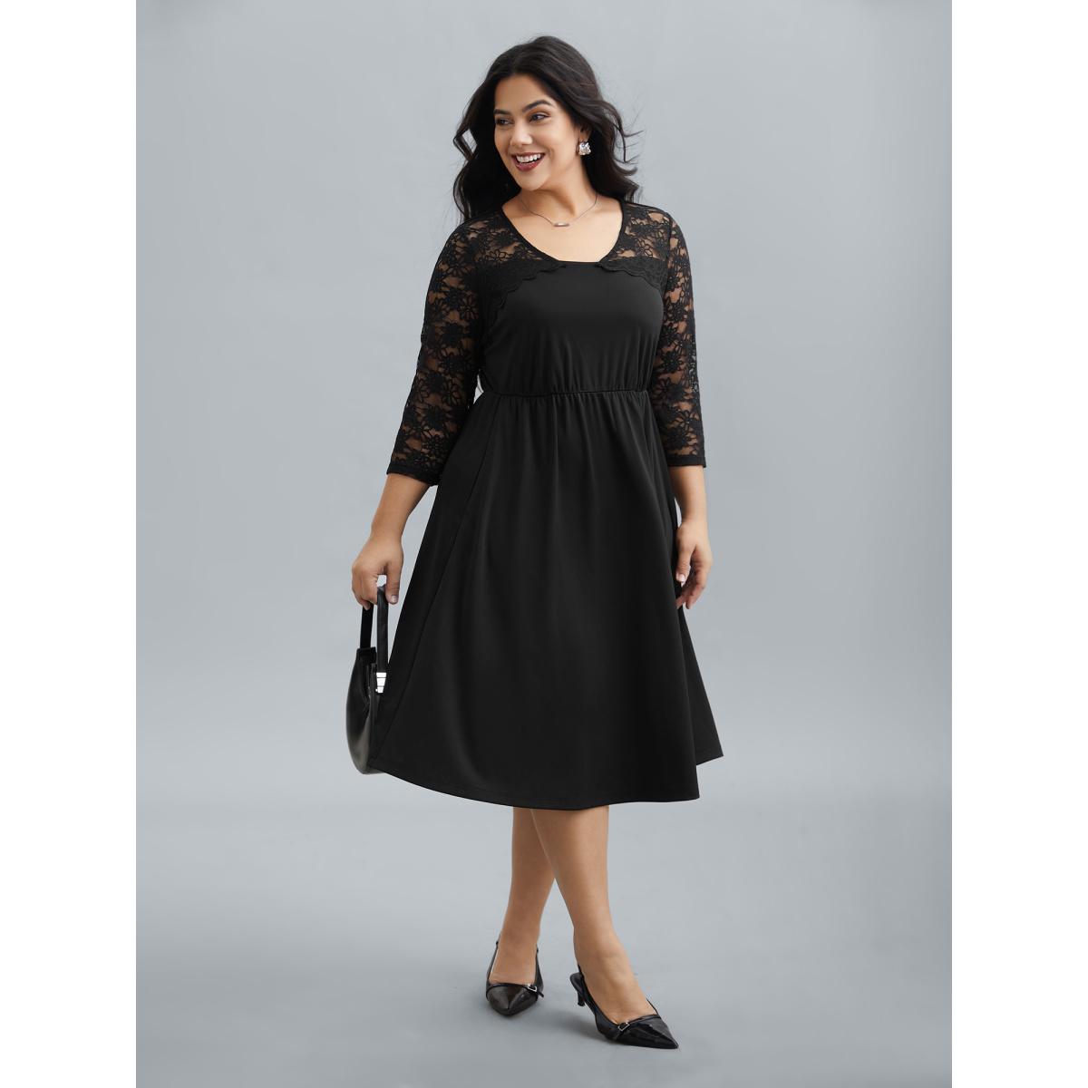 Plus Size Sheer Lace Sleeve Fit and Flare Midi Dress Black Women At the Office Woven ribbon&lace trim Asymmetrical Neck Elbow-length sleeve Curvy BloomChic 26/4X Product Image