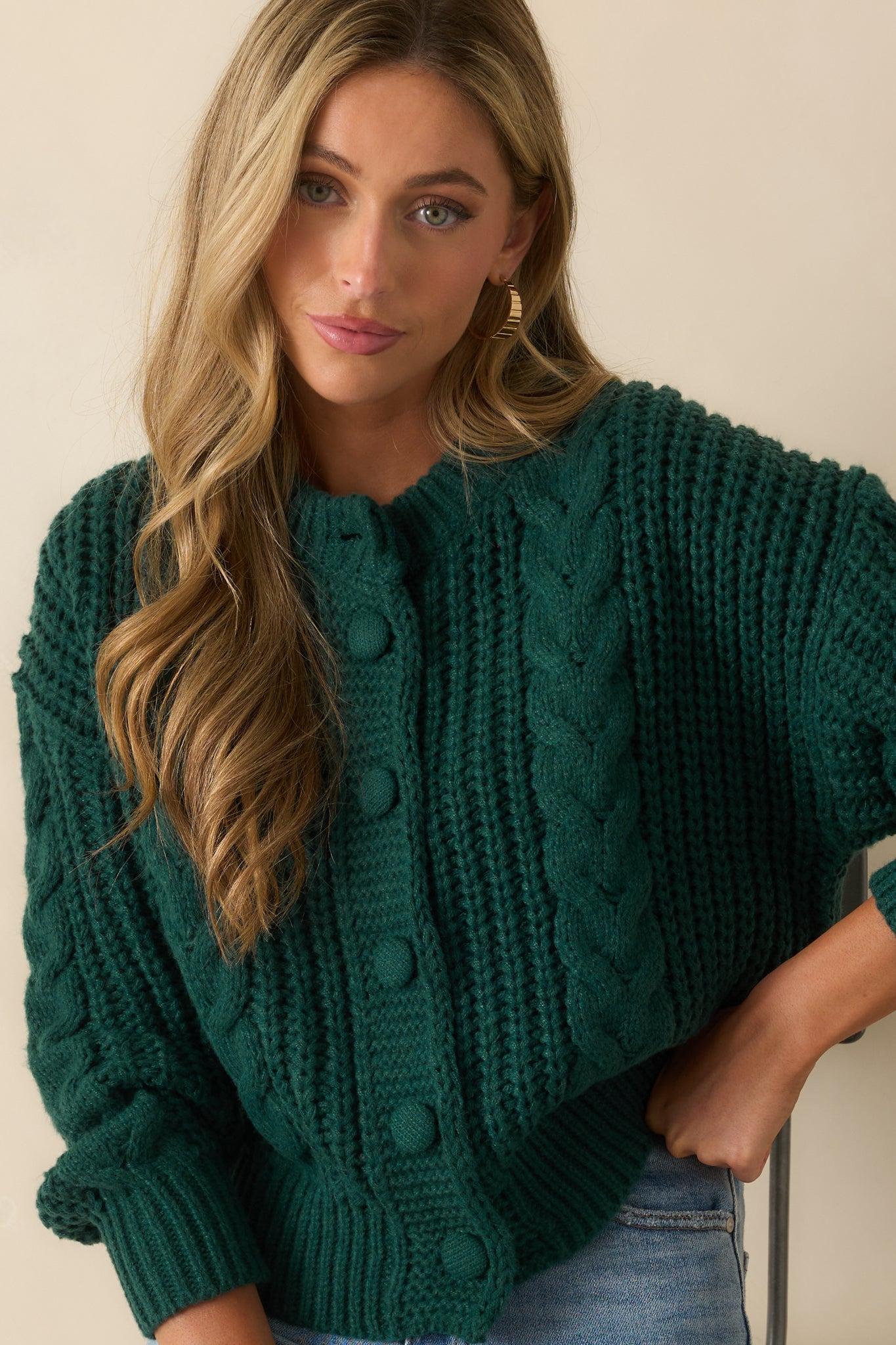 A Look That Lasts Forest Green Cable Knit Button Up Cardigan L / Forest Green Product Image