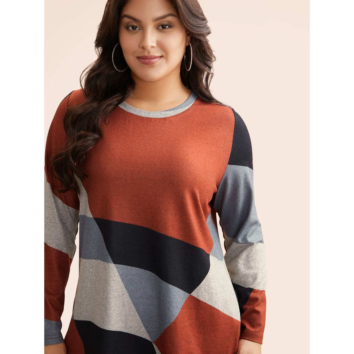 Plus Size Round Neck Colorblock Contrast T-shirt Multicolor Women Casual Contrast Non Everyday T-shirts BloomChic 22-24/3X Product Image