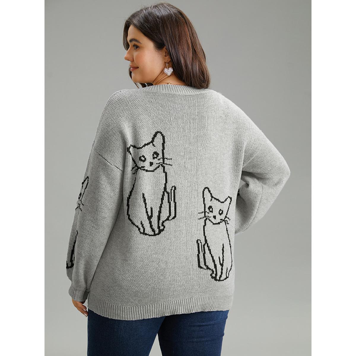 Plus Size Supersoft Essentials Cat Print V Neck Pullover DarkGray Women Casual Long Sleeve V-neck Dailywear Pullovers BloomChic 26/4X Product Image