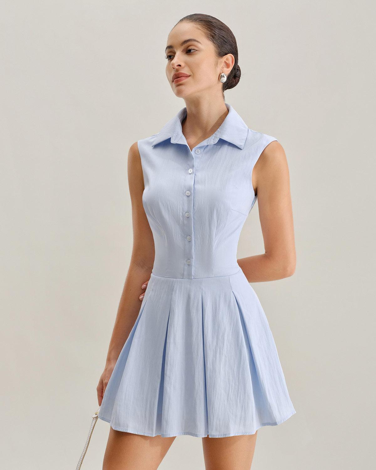 Blue Button A-Line Sleeveless Mini Dress Product Image