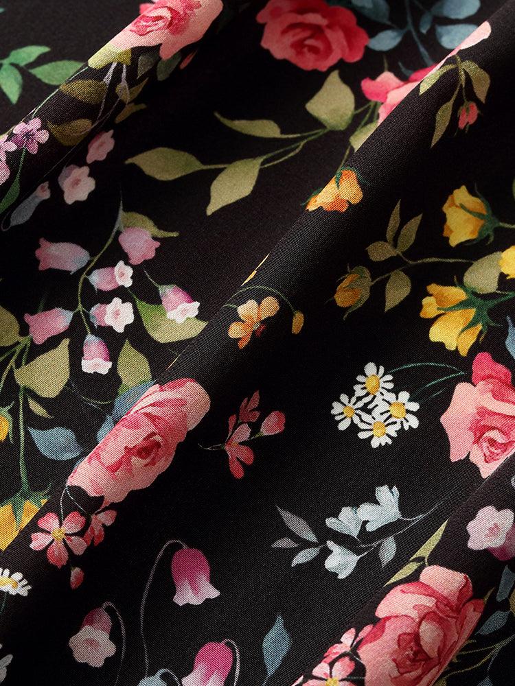 Mulberry Silk Slit Rose Print Women Qipao Midi Dress Product Image