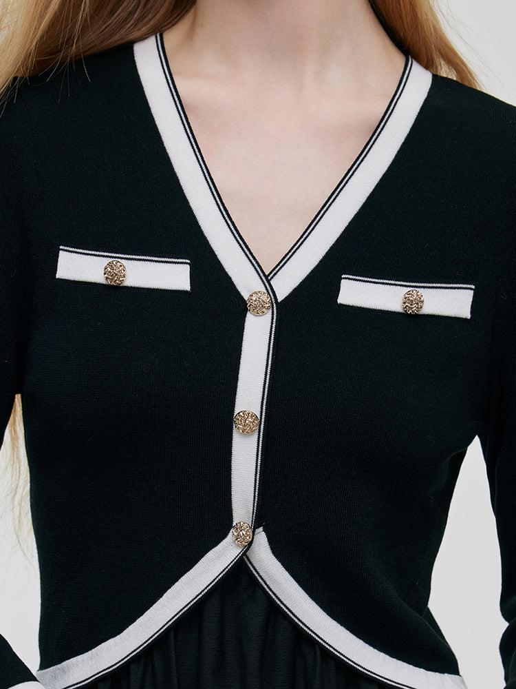 Contrast Trim Knitted Patchwork Women Midi Dress Product Image