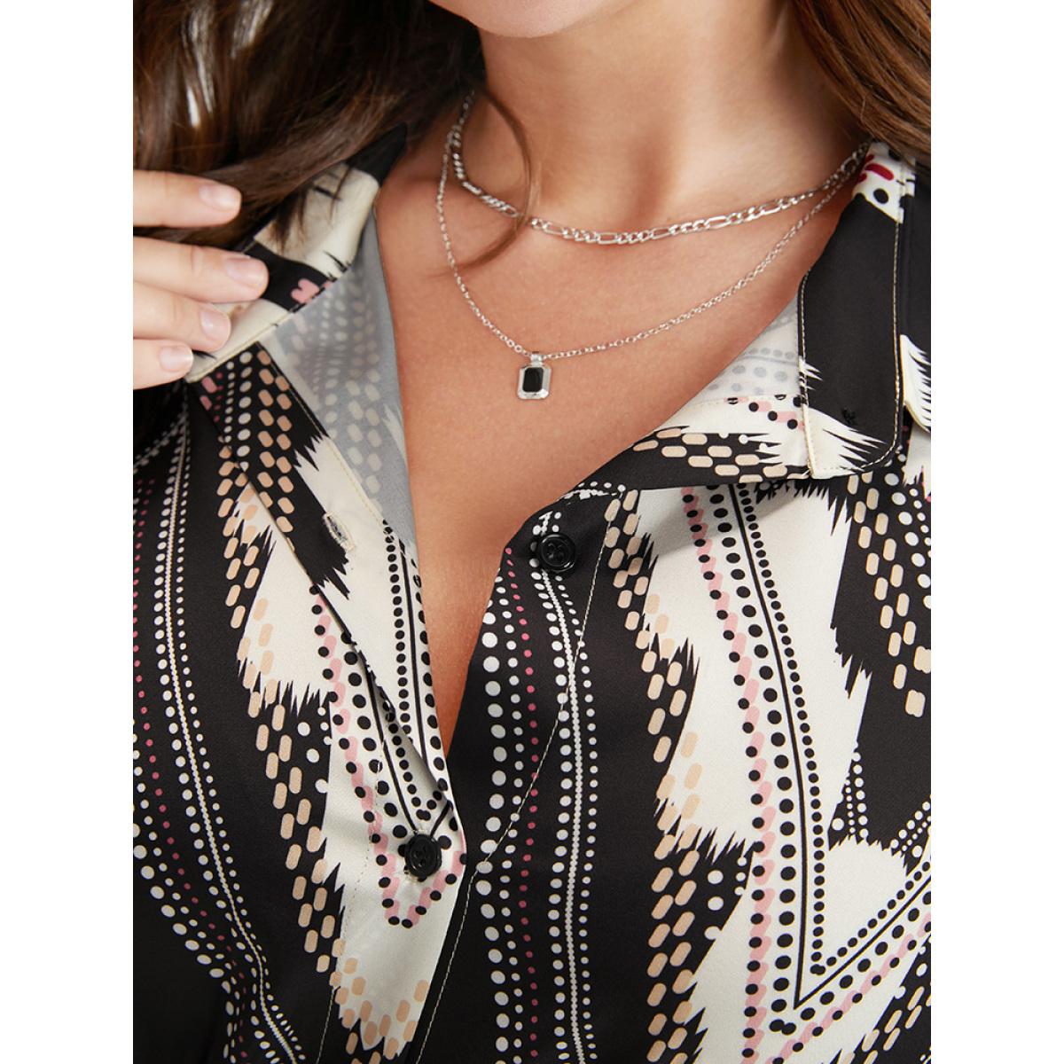 Plus Size Geometric Shirt Collar Pocket Button Up Shirred Dress Black Women Elegant Printed Shirt collar Long Sleeve Curvy Long Dress BloomChic 30/6X Product Image
