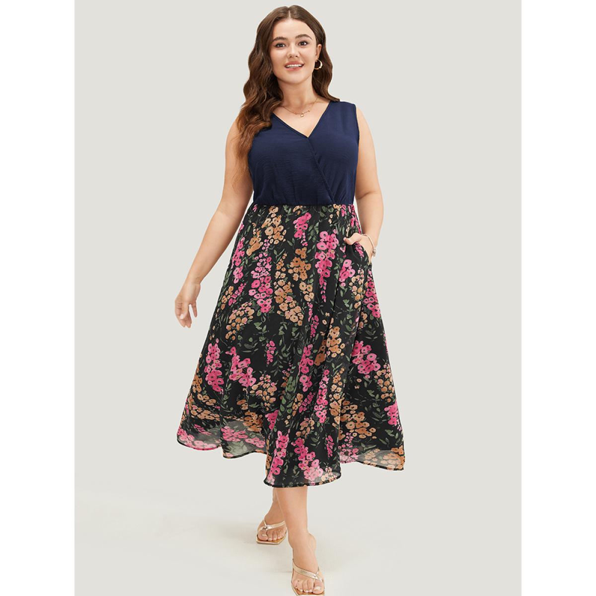 Plus Size Floral Patchwork Pocket Flutter Hem Wrap Tank Dress DarkBlue Women Vacation Wrap V-neck Sleeveless Curvy Midi Dress BloomChic 14-16/1X Product Image