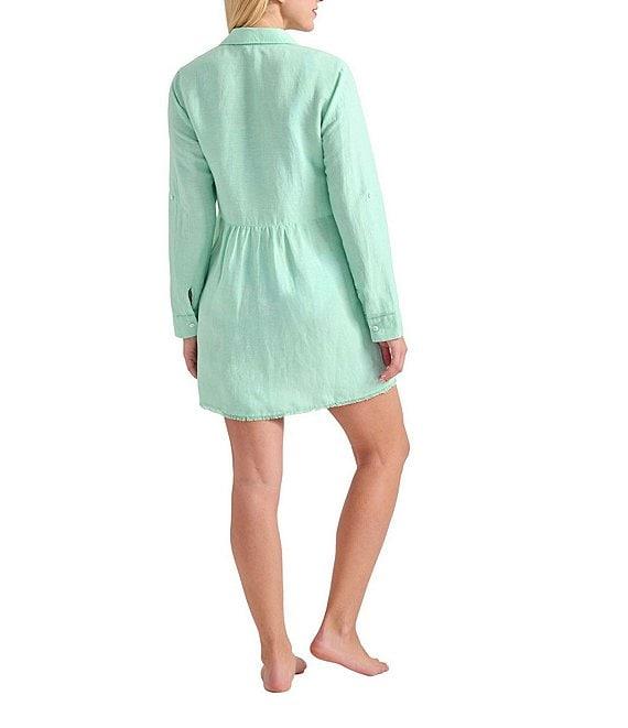 Tommy Bahama St. Lucia Point Collar Short Roll-Tab Sleeve Fray Hem Button Front Boyfriend Swim Cover Up Product Image