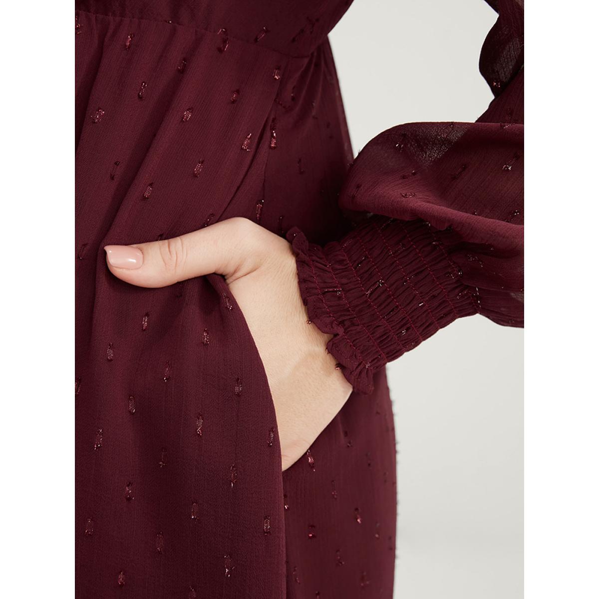 Plus Size Solid Glitter Mesh Lantern Sleeve Shirred Wrap Flutter Hem Dress Burgundy Women Glamour Asymmetrical V-neck Long Sleeve Curvy Midi Dress BloomChic 26/4X Product Image