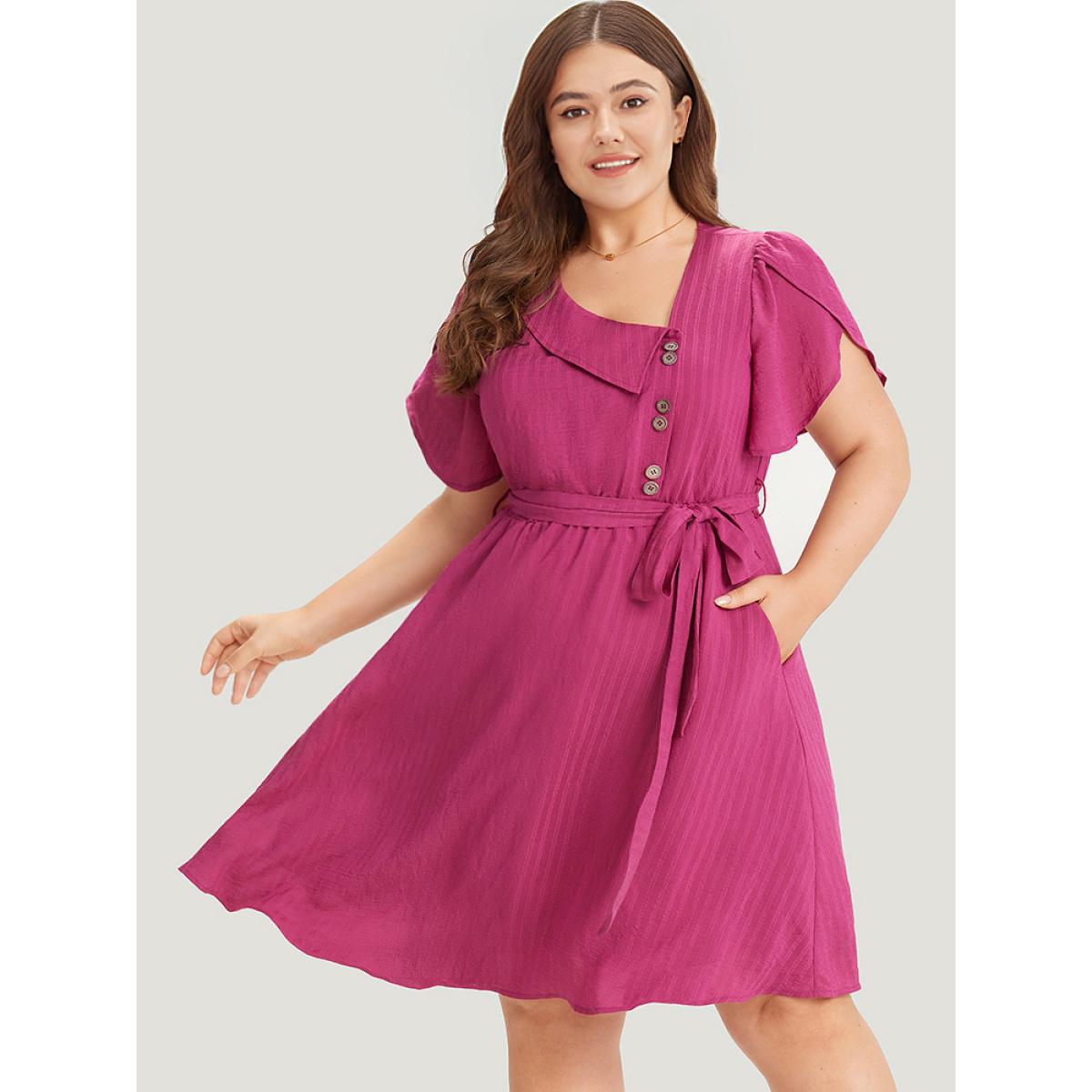 Plus Size Solid Irregular Neck Pocket Button Detail Petal Sleeve Dress RedViolet Women Office Button Asymmetrical Neck Short sleeve Curvy Knee Dress BloomChic 14-16/1X Product Image