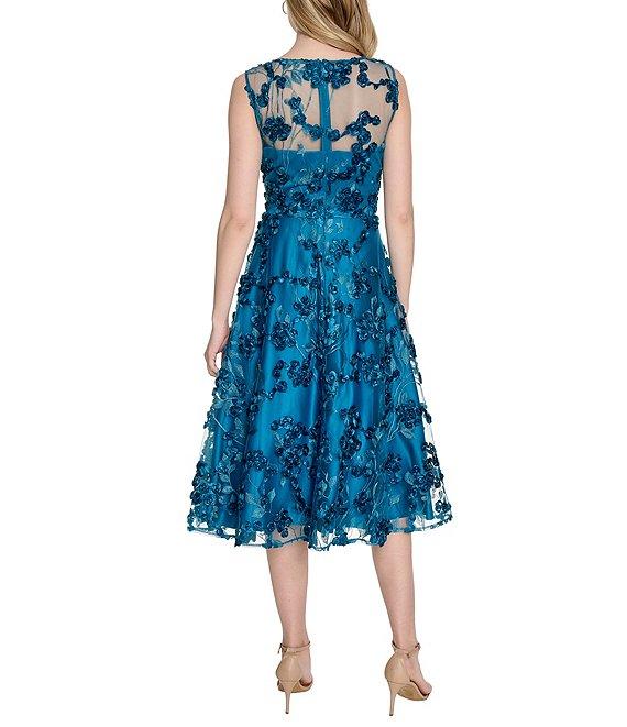 Eliza J Embroidered Mesh V-Neck 3D Floral Fit and Flare A-Line Midi Dress Product Image