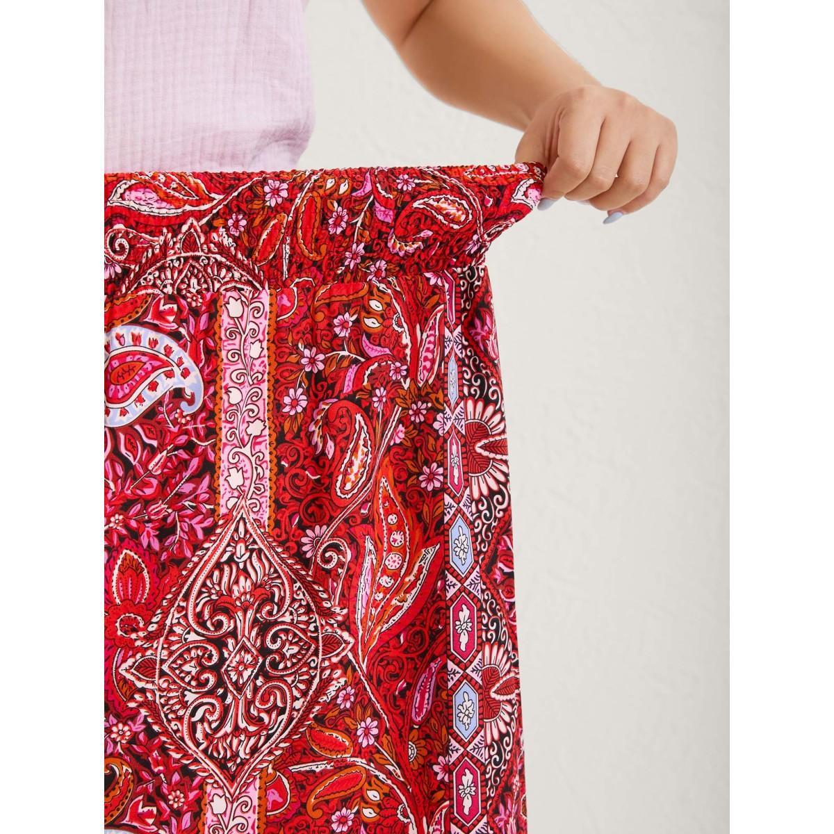 Plus Size Boho Print Shirred Waist Midi Skirt Women Crimson Elegant Tie knot Loose No stretch Side seam pocket Everyday Skirts BloomChic 28/5X Product Image