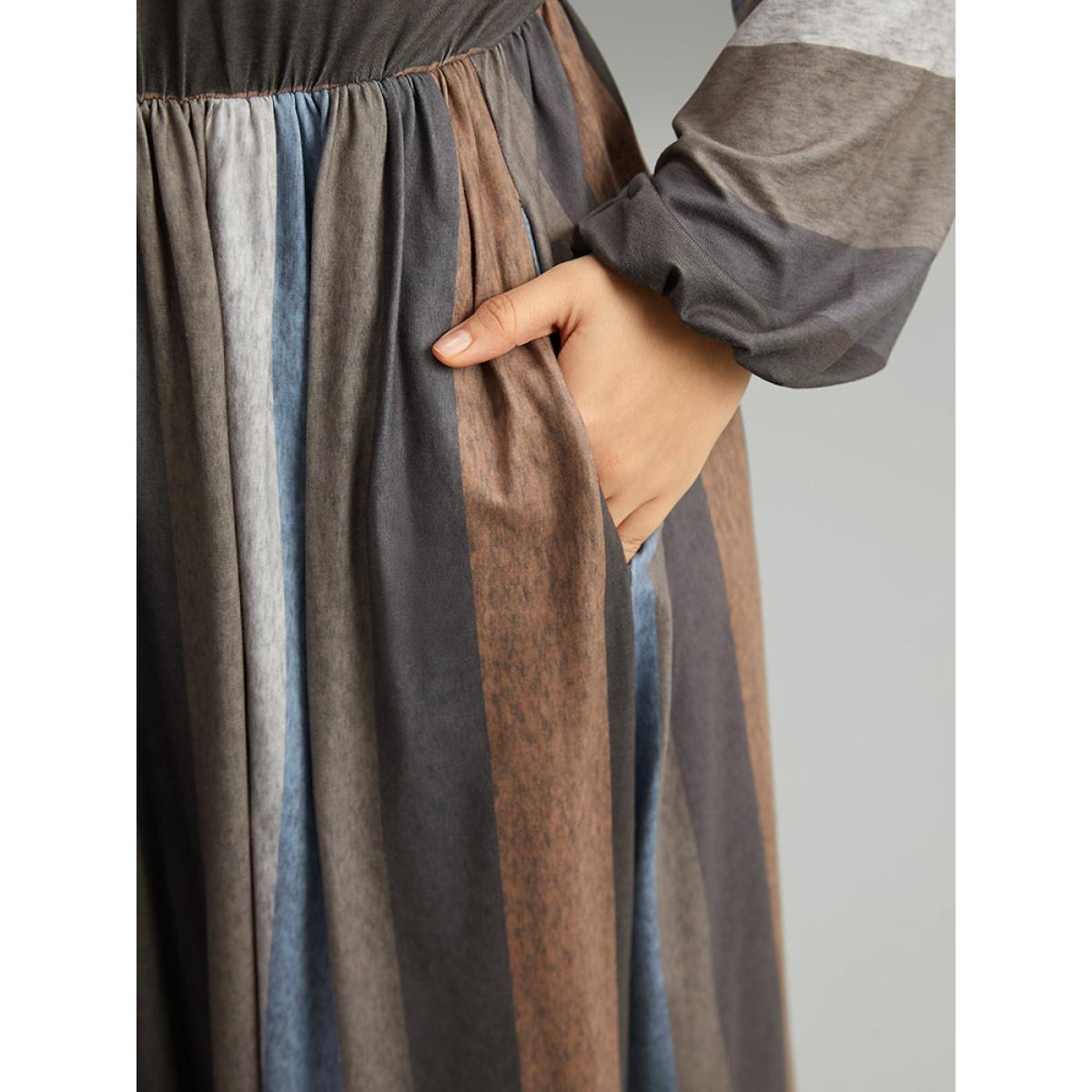 Plus Size Striped Colorblock Contrast Lantern Sleeve Dress Multicolor Women Casual Elastic cuffs Round Neck Long Sleeve Curvy Midi Dress BloomChic 14-16/1X Product Image