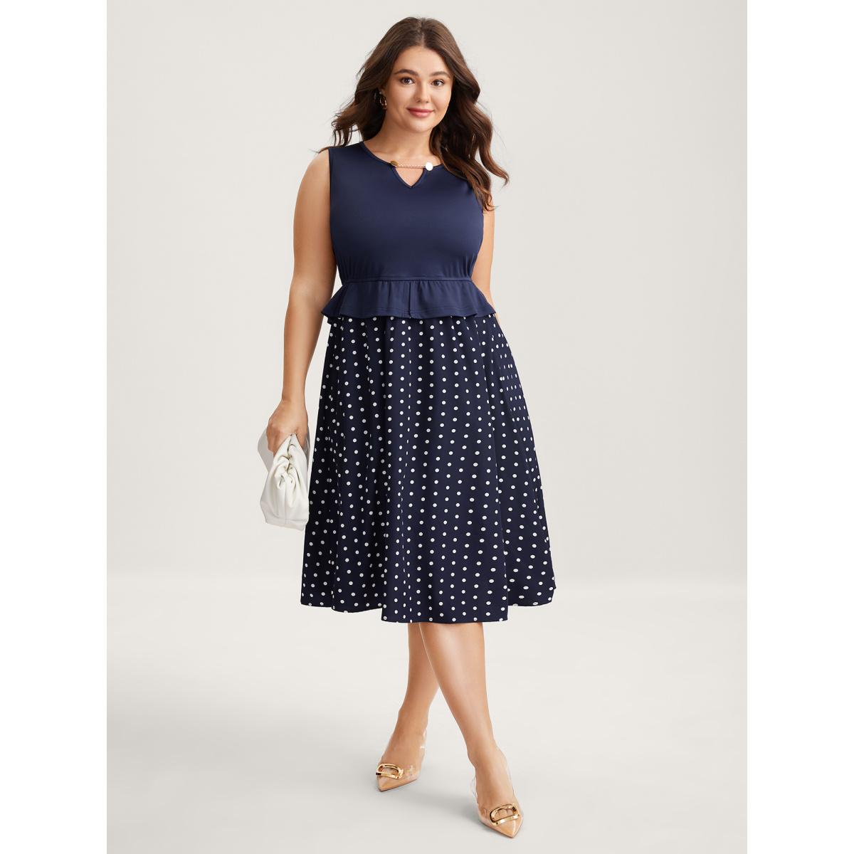 Plus Size Polka Dots Stretchy Waist Contrast Midi Dress Indigo Women Asymmetrical Neck Sleeveless Curvy BloomChic 14-16/1X Product Image