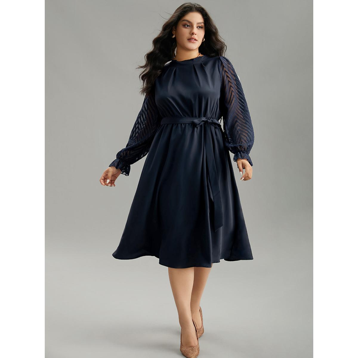 Plus Size Twill Mesh Patchwork Belted Plicated Detail Dress DarkBlue Women Elegant Texture Mock Neck Long Sleeve Curvy Midi Dress BloomChic 22-24/3X Product Image