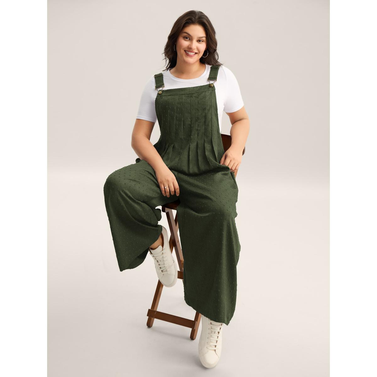 Plus Size ArmyGreen Textured Plicated Detail Overall Straps Jumpsuit Women Leisure Sleeveless Square Neck Casual Loose Jumpsuits BloomChic 12/L Product Image