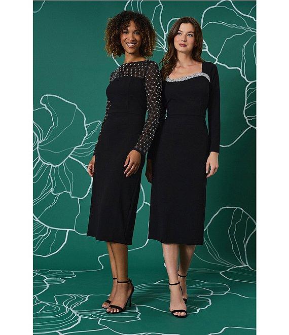 Maggy London Scuba Crepe Bodycon Embellished Square Neckline Long Sleeve Midi Dress Product Image