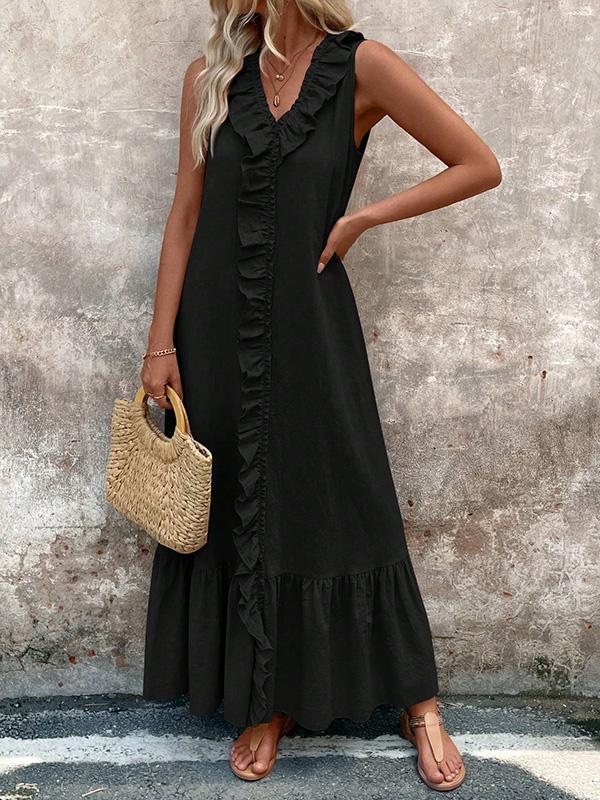 A-Line Loose Pleated Ruffle Trim Solid Color V-Neck Maxi Dresses Product Image