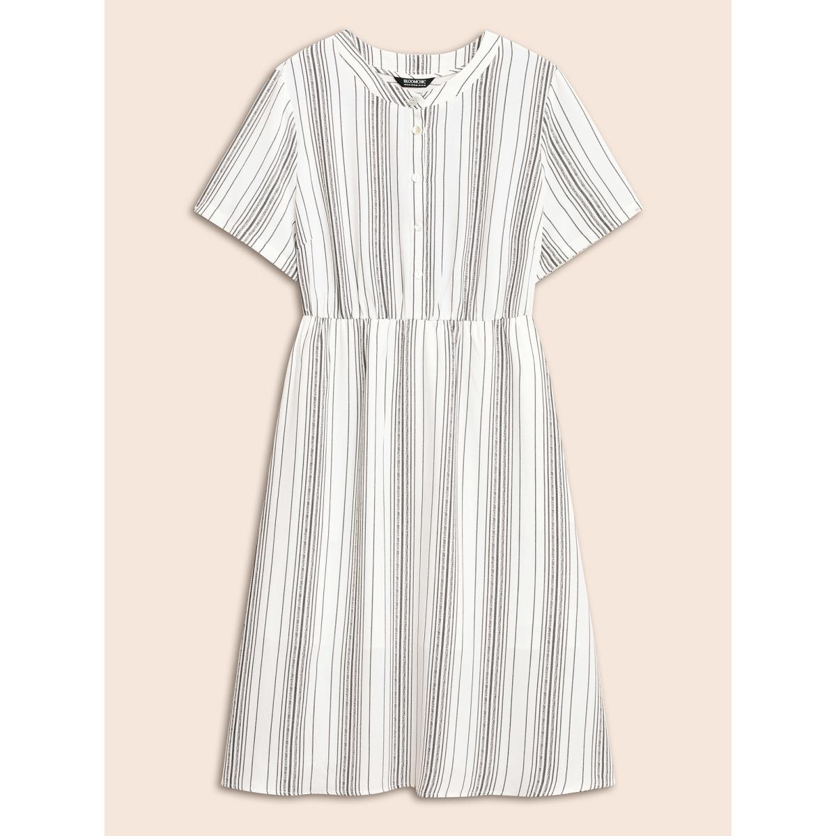 Plus Size Round Neck Striped Button Up Midi Dress WhiteSmoke Women At the Office Button Round Neck Short sleeve Curvy BloomChic 14-16/1X Product Image