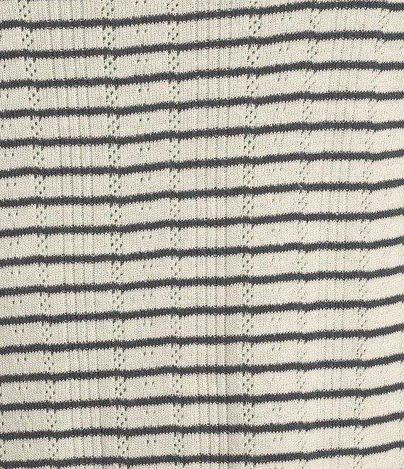 Democracy Knit Stripe Crochet Contrast Trim Crew Neck Elbow Sleeve Top Product Image