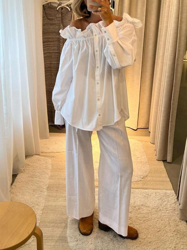 Loose Puff Sleeves Pleated Solid Color Off-The-Shoulder Blouse + Pants Trousers Elasticity Two Pieces Set Product Image