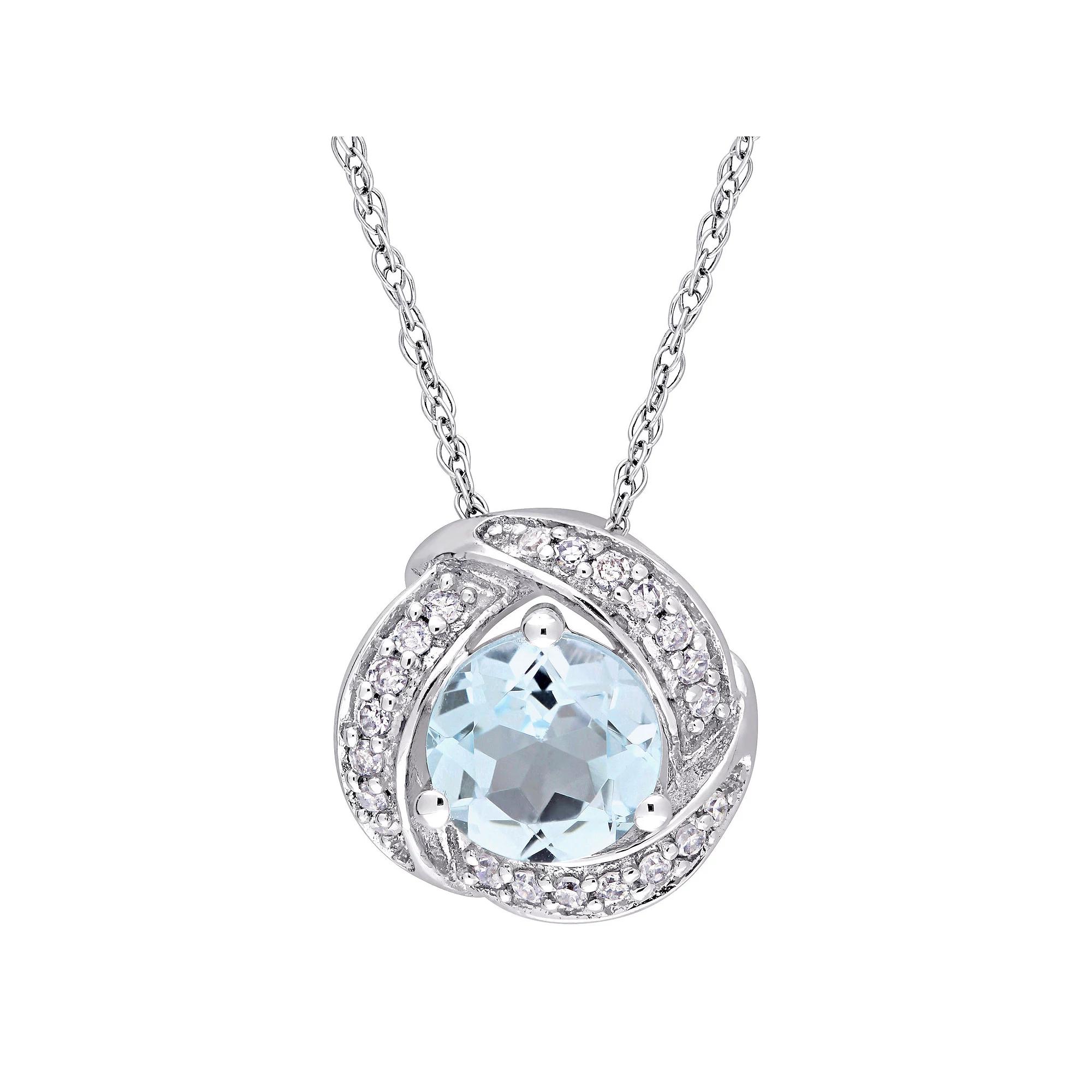 Stella Grace 10k White Gold Sky Blue Topaz & 1/10 Carat T.W. Diamond Swirl Halo Pendant Necklace, Women's, Size: 17", 10k Whgold Product Image
