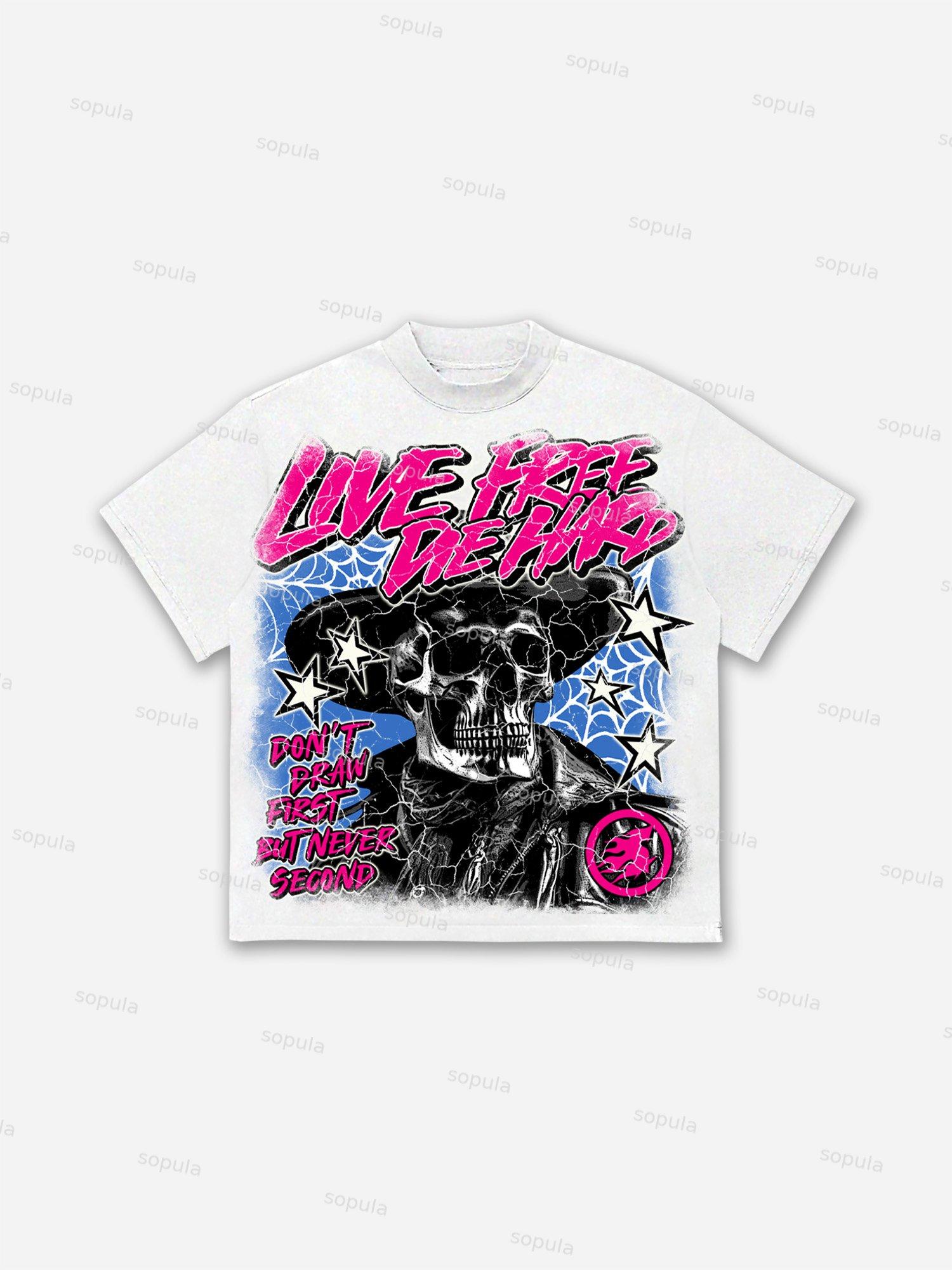 Live Free, Die Hard Skull Cowboy Vintage Graphic Cotton T-shirt Product Image