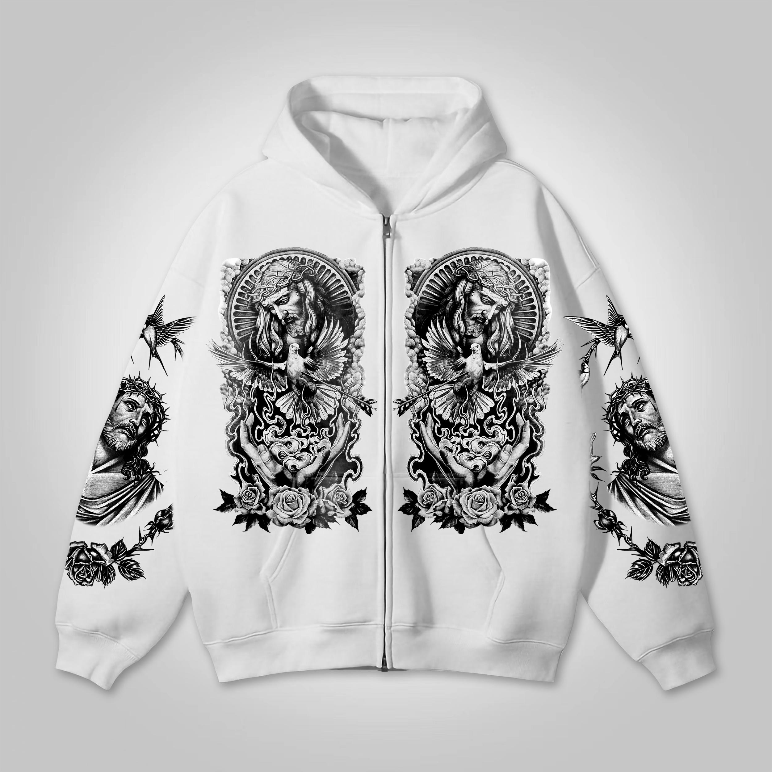 Sopula Jesus Vintage Graphic Loose Velvet Pocket Zip-up Hoodie Product Image