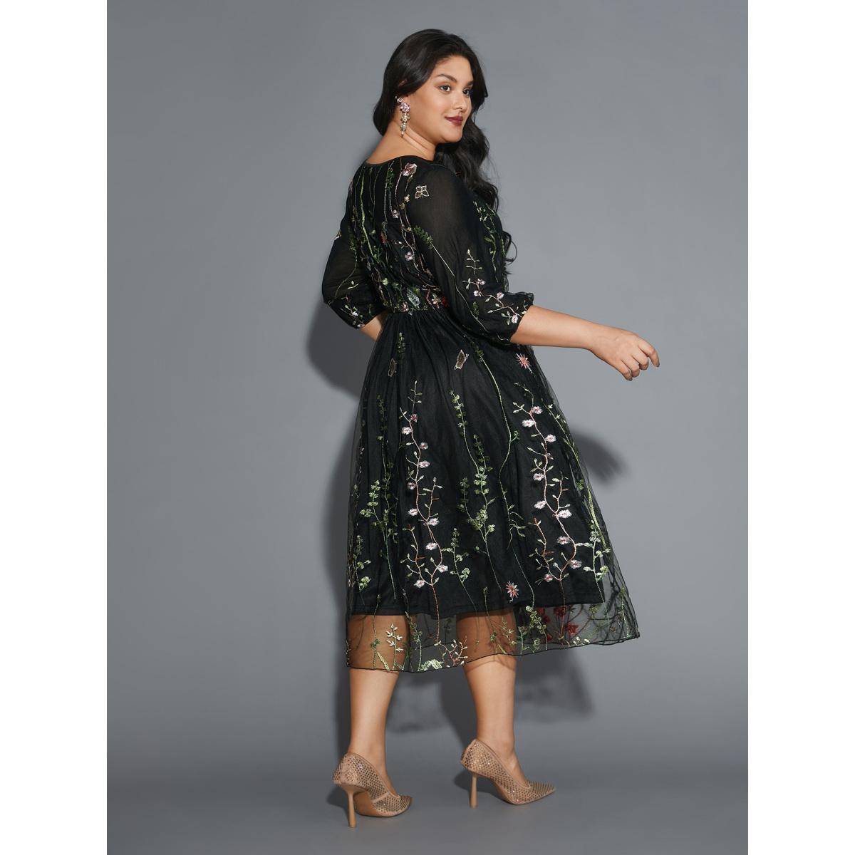 Plus Size Floral Embroidered Elastic Waist Lined Midi Dress Black Women Formal Texture Party Curvy Bloomchic 10/M Product Image