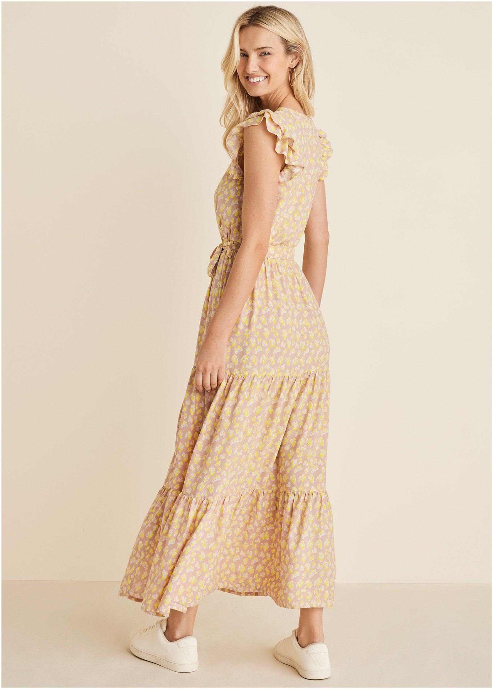 Flutter Sleeve Maxi Dress - Peach & White Product Image