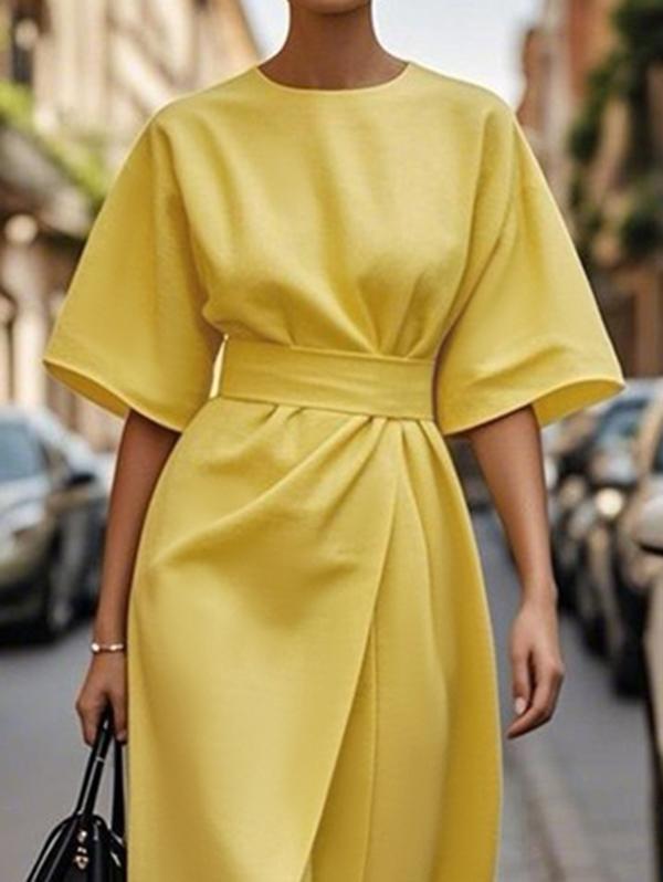 Loose Short Sleeves Pleated Solid Color Split-Joint Round-Neck Midi Dresses Product Image