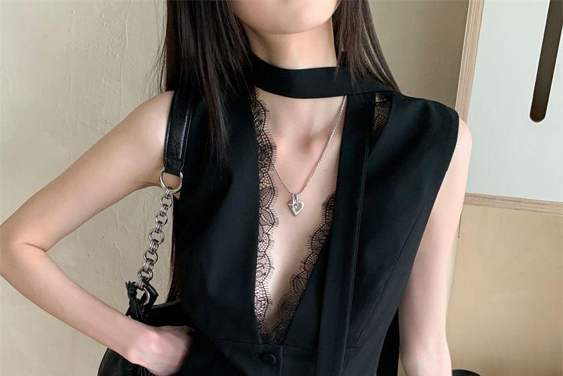 Choker-Neck V-Neck Sleeveless Lace Trim Slit Top / High Waist Floral Jacquard Mini A-Line Skirt Product Image