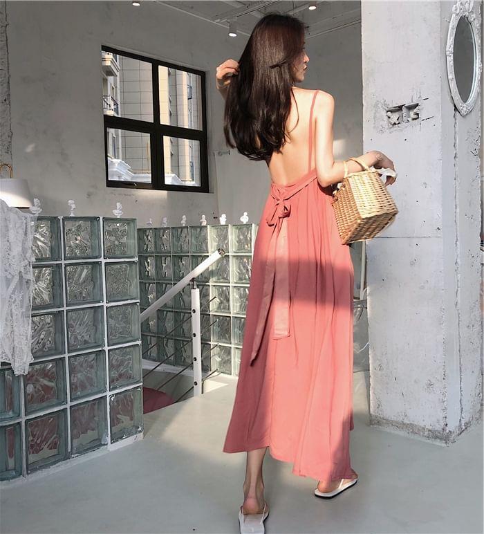 Spaghetti Strap Plain Open Back Maxi Sundress Product Image