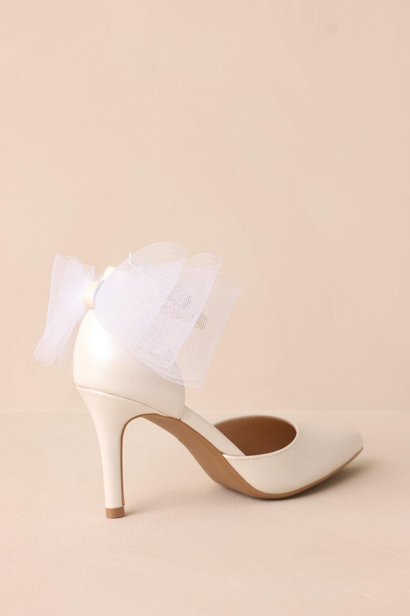 Love At First Sight Ivory Pointed-Toe Bow Ankle Strap Heels Product Image
