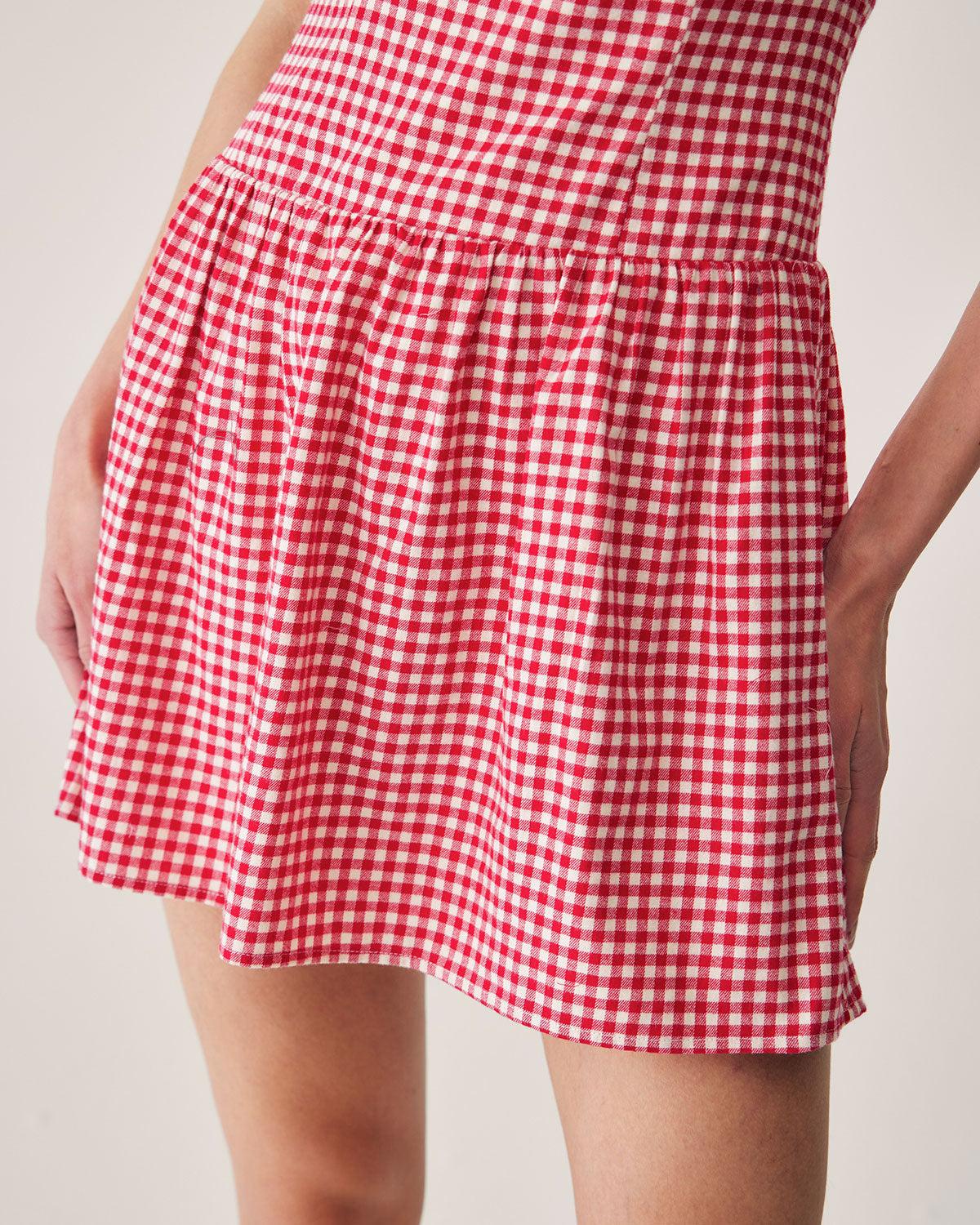 Red Plaid Sweetheart Neck Slip Mini Dress Product Image