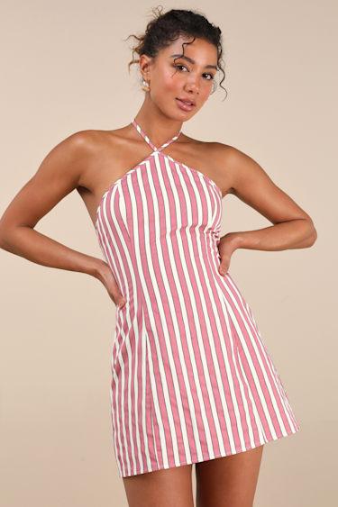 Madelia Pink Striped Halter Mini Dress Product Image