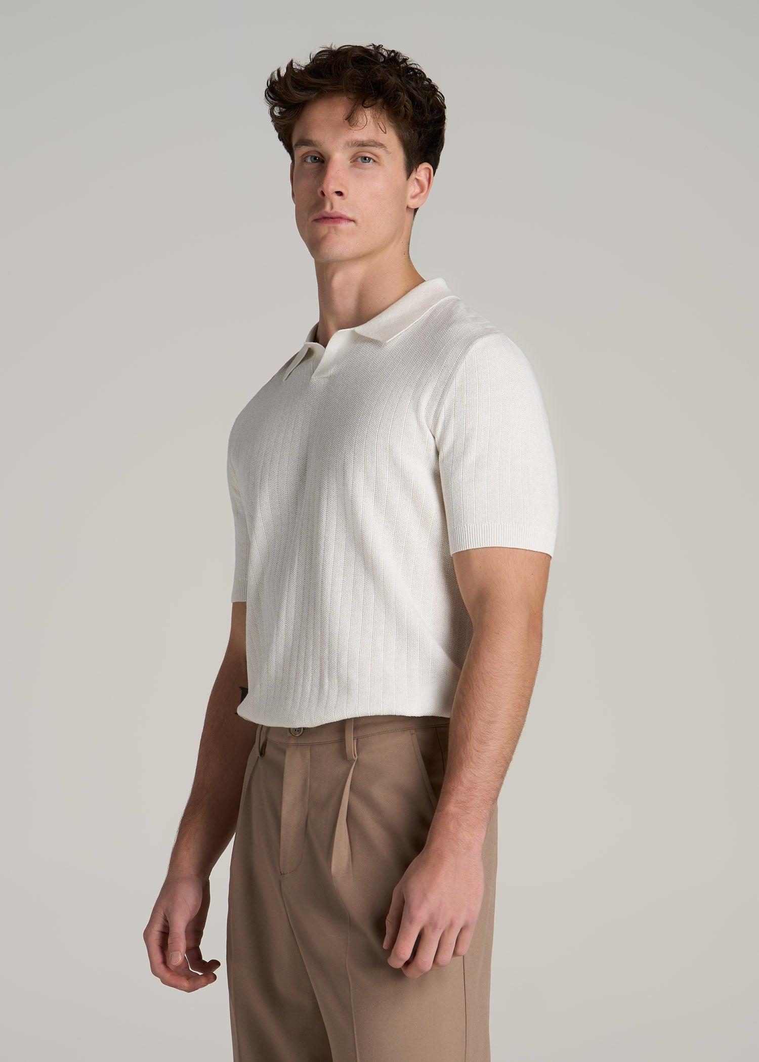 Linen Blend Ribbed Knit Polo Shirt for Tall Men in Stone Male Product Image