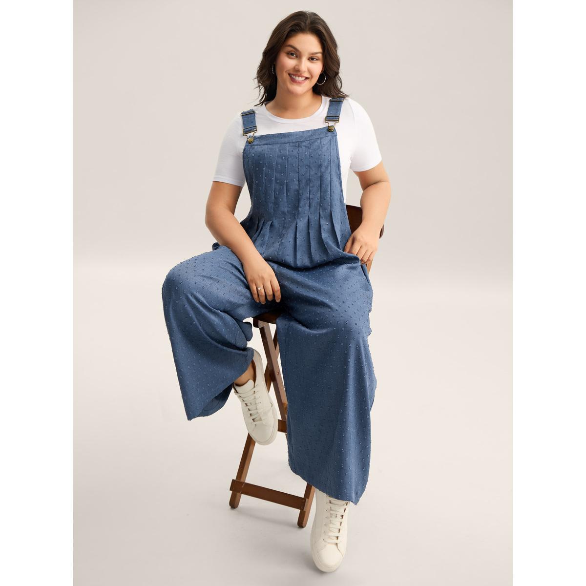 Plus Size Mediumblue Textured Plicated Detail Overall Straps Jumpsuit Women Leisure Sleeveless Square Neck Casual Loose Jumpsuits BloomChic 26/4X Product Image