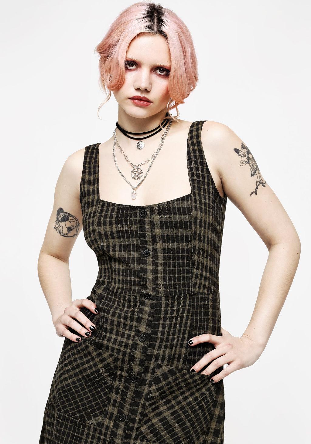 Dropout Check Sleeveless Button Down Midaxi Dress Product Image