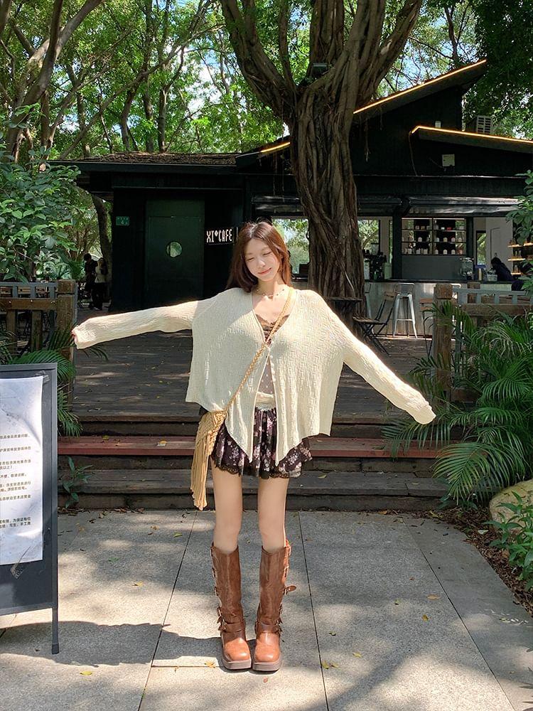 V-Neck Button-Up Plain Sheer Slit Cardigan Product Image