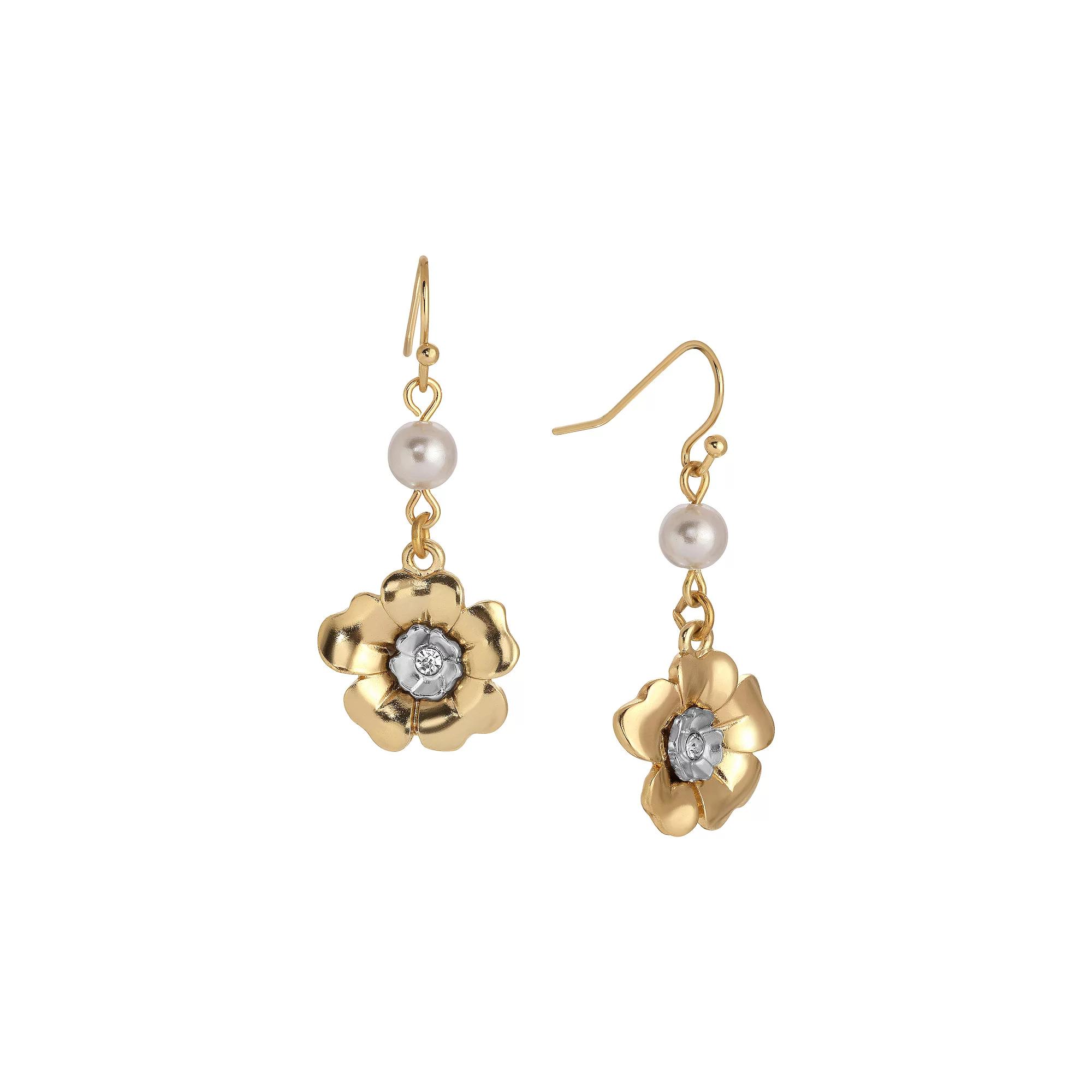 1928 Two-Tone Simulated Pearl Crystal Flower Wire Earrings, Womens, Yellow Product Image