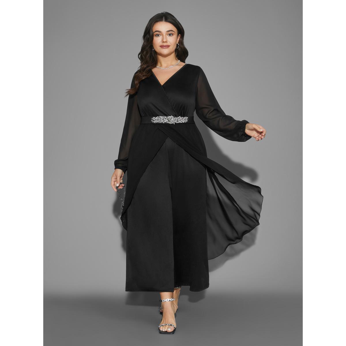 Plus Size Black Chiffon Mesh Overlap Collar Gathered Jumpsuit Women Cocktail Long Sleeve Overlap Collar Party Loose Jumpsuits BloomChic 14-16/1X Product Image