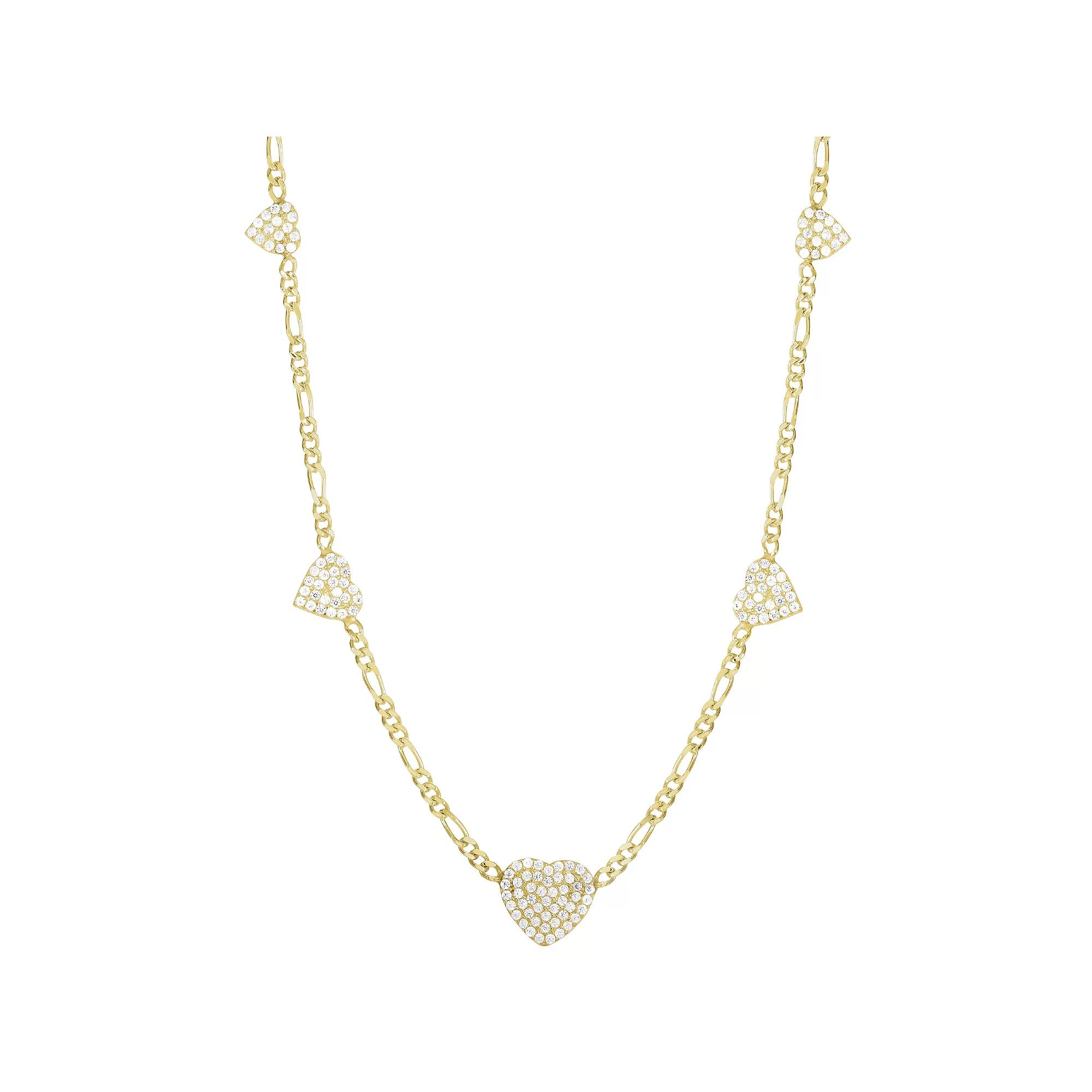 Sunkissed Sterling 14k Gold over Silver CZ Heart Charm Figaro Choker Necklace, Women's, Size: 14", Gold Tone Product Image