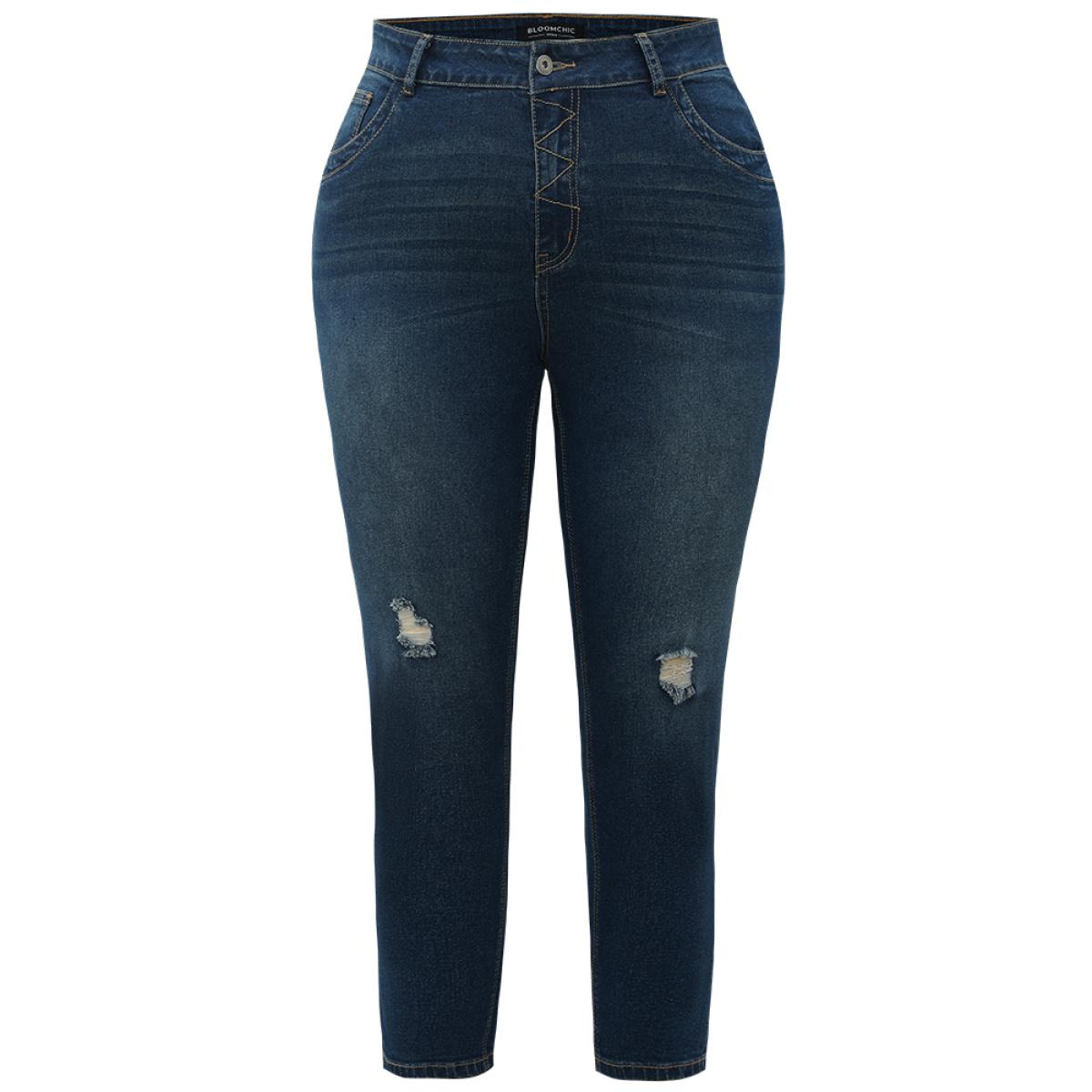 Plus Size Stitch Detail Distressed Very Stretchy Jeans Women Indigo Casual Plain Plain High stretch Pocket Jeans BloomChic 20/2X Product Image