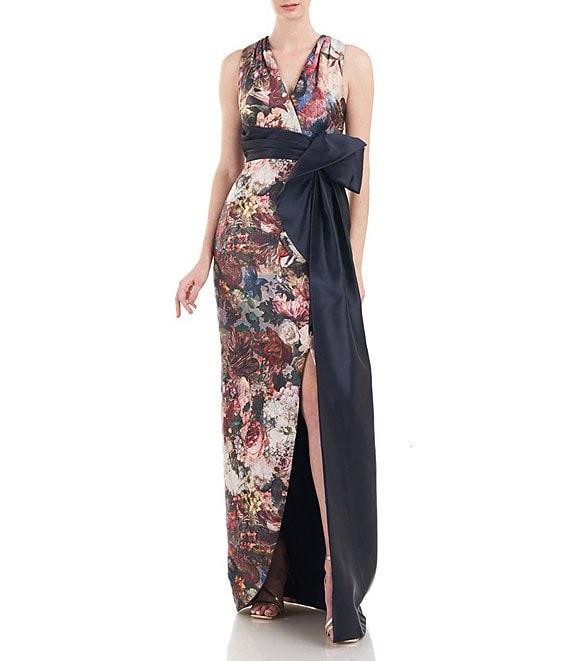Kay Unger Floral Sleeveless Surplice V-Neck Asymmetrical Bow Empire Waist Tulip Dress Product Image
