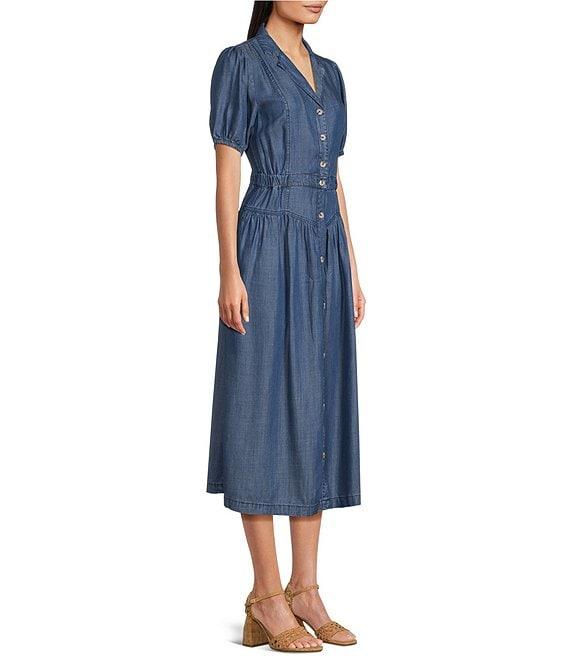 Current Air Chambray Notch Collar Puff Sleeves Button Front Shirt Midi Dress Product Image