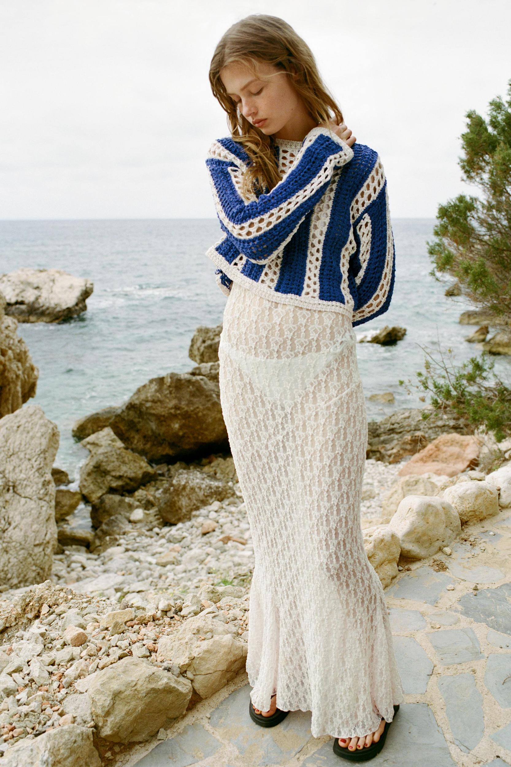 CROCHET KNIT CROP SWEATER Product Image